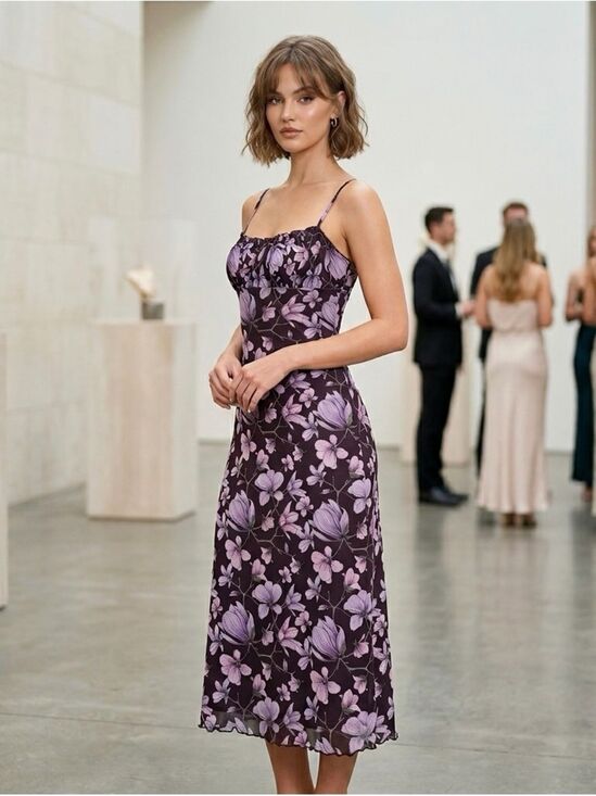 Princess Polly Dresses & Skirts - Princess Polly Women’s Black & Purple Floral Print Sleeveless Midi Dress Size 4